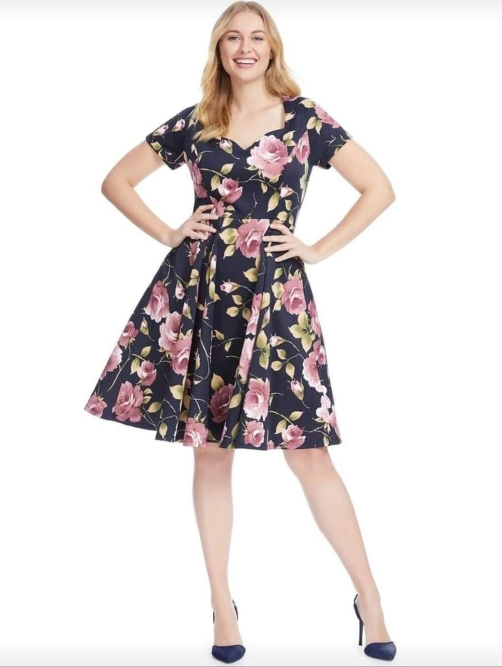 Eva Rose Pink Floral On Black Fit & Flare Dress XL (6778)